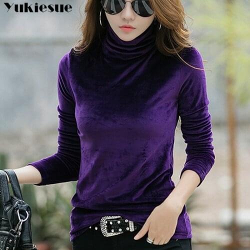 Women Long Sleeve T-shirts Turtleneck Velour Tops Woman Knitted Cotton T Shirt Womens Tee Shirt Femme Plus Size Camisetas Mujer