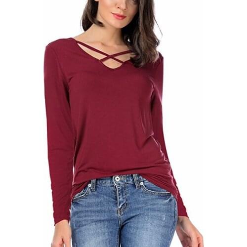 2020 Spring New Womens V-neck Solid Color Long Sleeve Stitching T-shirt Fashion Simple Slim Wild T-shirt Multi-color Optional