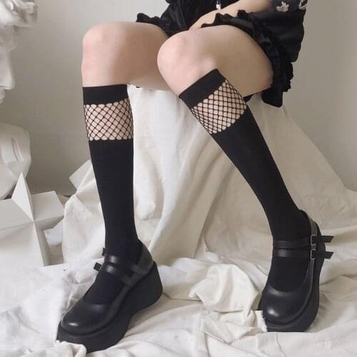 Women Gothic Punk Black Knee High Long Socks Irregular Sheer Mesh Fishnet Patchwork Japanese Lolita Kawaii Stockings