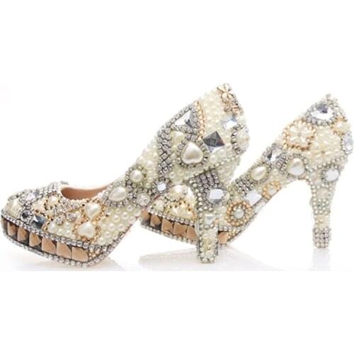LoveinCrystal 2021 New Luxury Crystal Women Wedding Shoes Champagne Bridal Pearl Fashion Pumps Ladies platform Super High Heels