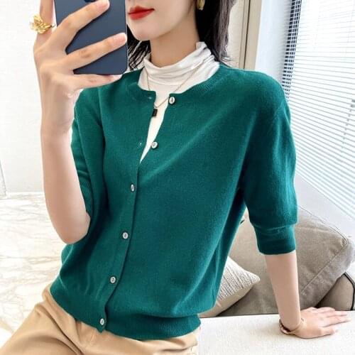 100% Wool Knitted Cardigan Sweater New Autumn Women O-neck Oversize Short Sleeve Jacket Fashion Cardigans For Female Outwear