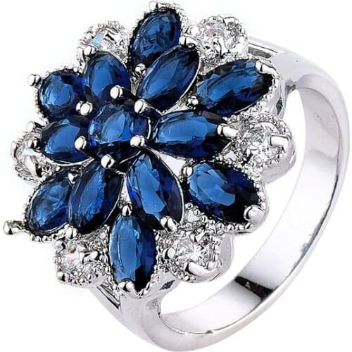 2019 Fashion Royal Blue Crystal Big Wedding Rings For Women Romantic Ring Bague Femme silver-Color Ring Female jewelry Dropship