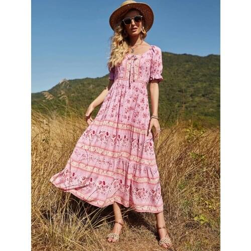 Happie Queens women Floral print beach Bohemian maxi dresses Ladies V neck front botton rayon Boho pleated Sundress vestidos