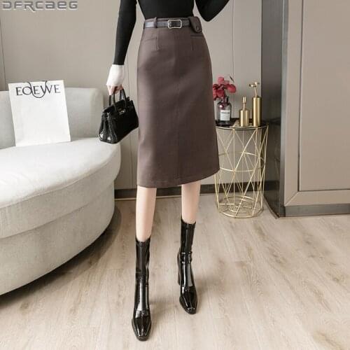 Winter Woolen Woman Skirts Black Brown Vintage High Waist Midi Jupe Femme Belt Pocket Bodycon Pencil Skirt Slim Split Faldas