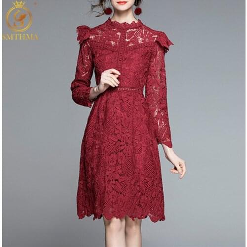 2021 New Fashion Runway Designer Spring Dresses Long Sleeve Lace Patchwork Ruffle Ladies Sexy Hollow Out Temperament Vestidos