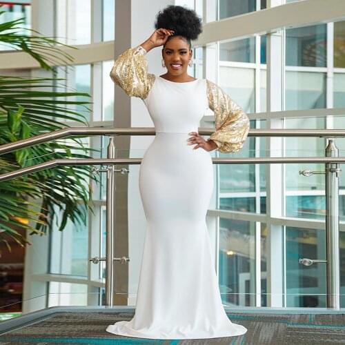 Sparkly Sequin Spliced Sexy Mermaid Dresses Women White Long Lantern Sleeve Bodycon Dress Elegant Chic Backless Party Club Robe