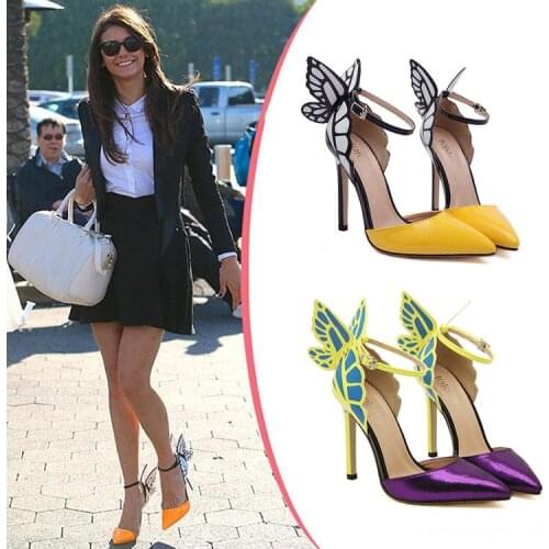 Yellow Patent Leather Ladies Shoes Butterfly Wings Stiletto Sandals Women Party Wedding High Heels Pointed Toe Ankle Strap Pumps