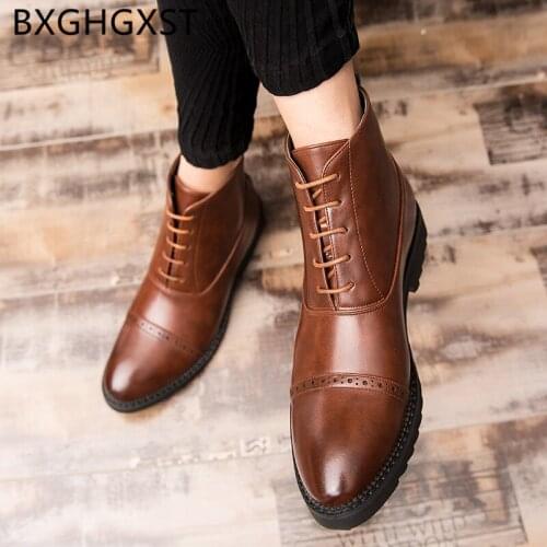 Ankle boots men Elevator shoes for mens boots leather Coiffeur italian shoes brown dress brand brogue shoes mens dress boots