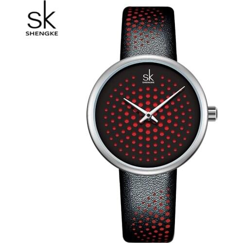 Shengke Women Watches Red Leather Hollow Dial Quartz Watch Ladies Wristwatch Creative Design Female Clock Relogio Feminino