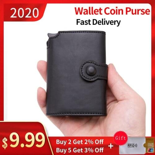BISI GORO 2020 Men Button Credit Card Holder High Quality Metal Aluminum Auto Pop-up RFID ID Card Case Black Wallet Coin Purse