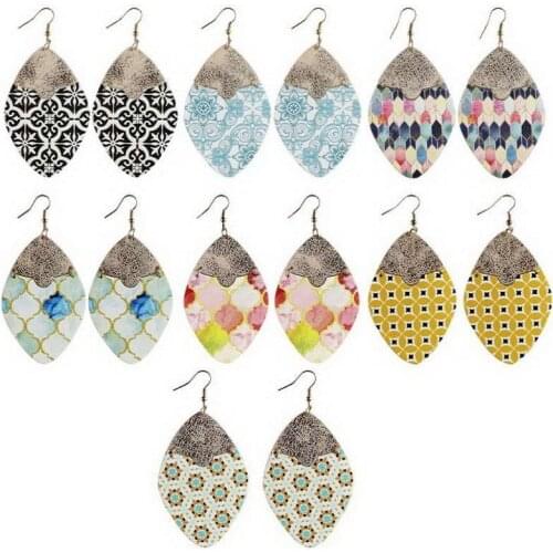 Floral Print PU Leather Splicing Drop Earrings for Women Double Printed Leaf Earrings Morocco Jewelry