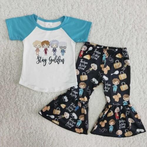 Kids clothing baby girls spring outfit milk silk cute cartoon printed short sleeve shirt bells pants set boutiques for girl