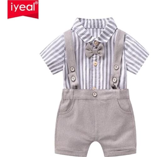 IYEAL Boys Gentleman Clothing Set Cotton Short Sleeve Bowtie Bodysuits + Overalls 2Pcs Suit Kids Newborn Toddler Gentleman Suit