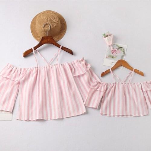 Set Mom Baby Mother Daughter Mommy And Me Clothes Short Sleeve Tops One-shoulder Striped Suspender Top Family Macthing T-shirt