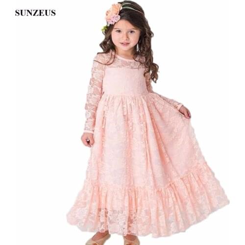 Full Lace Flower Girl Dress A-line Long Sleeve Ankle Length Party Dress For Wedding Kids Birthday Gown kommunion kleid FLG052
