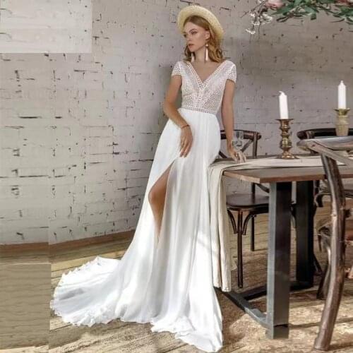 Hot Sale Graceful 2021 Lace Bridal Wedding Dresses Short Sleeves V Neckline Front Split Court Train Wedding Gowns for Bride New