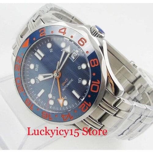BLIGER Popular Round Mechanical 41mm Mens Watch Sapphire Glass Auto Date Mental Strap Blue Rotating Bezel Wristwatch GMT