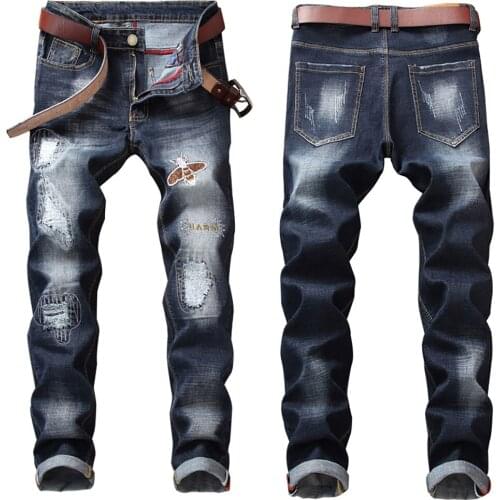 Men’s high quality slimming black denim pants embroidery decors ripped jeans wash&scratches casual jeans pants