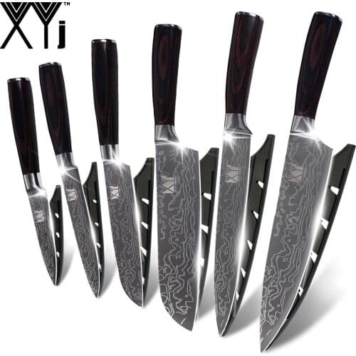 XYj Kitchen Cook Knife Set 7cr17 Stainless Steel Knife Set New Arrival 2019 Damascus Veins Cooking Knives Set Accessories Tools