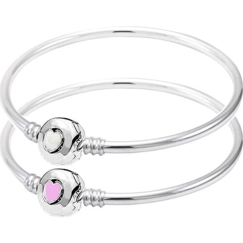 Original Pink Wonderful Love Heart Clasp Snake Chain Bracelet Bangle Fit 925 Sterling Silver Bead Charm Bangle Europe Jewelry