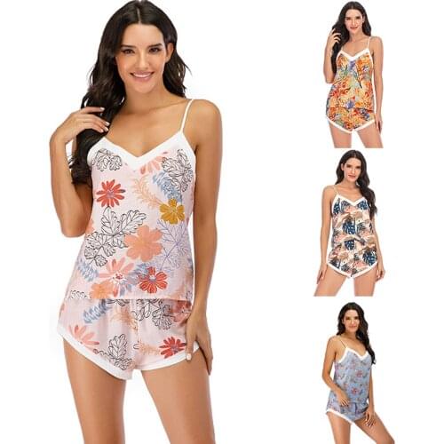 2Pcs Women Sleepwear Set, Floral Print Spaghetti Strap V-Neck Tank Tops + Elastic Waist Shorts Sleepwear for Girls, 4 Colors