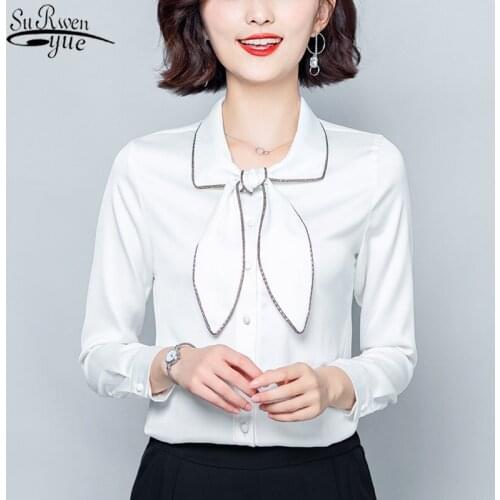 Plus Size Women 4XL Silk Shirt Long Sleeve Solid Fashion Women Blouses 2021 Autumn Bow-neck Vintage Single-breasted Shirt 10565