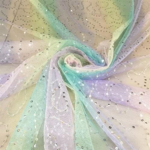 Rainbow Color Silver Sequins Applique Lace Fabric Gradient Childrens Clothing DIY Colorful Color Lace Cloth V2971