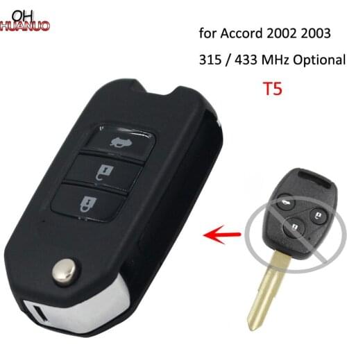 Upgraded Flip Remote Car Key Fob 3 Button 315/433MHz Optional With T5 Chip for Honda Accord 2002-2003