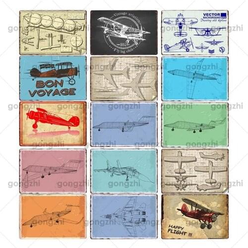 Aircraft Blueprint Outline Vintage Metal Tin Sign Retro Art Poster Home Decoration Bar Club Pub Metro Metal Plaque Iron Painting