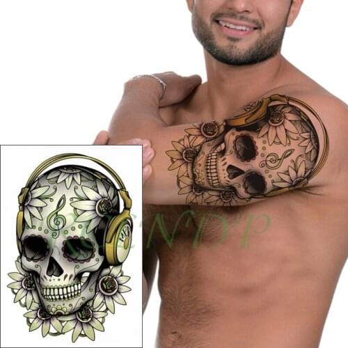 Waterproof Temporary Tattoo Sticker skull flower musical note headset Fake Tatto Flash Tatoo big size tattoos for Girl Women Men