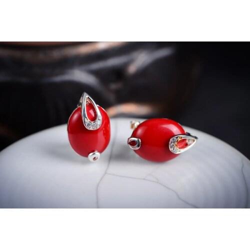 Jewelry gift Color BEAUTIFUL NEW 925 SILVER RED CORAL EARRINGS Brincos Ohrringe Sterling Silver Jewelry Earring