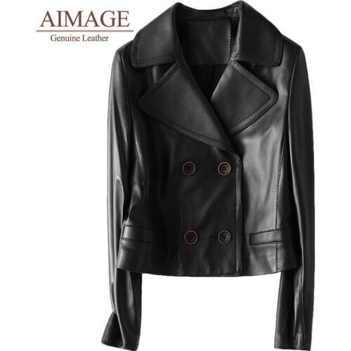 Women sheepskin short jackets turn collar overcoats long sleeve lederjacke damen double button real leather outer garment PY027