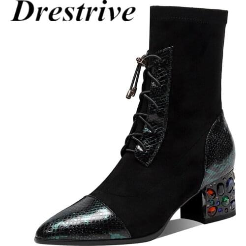 Drestrive Women Ankle Boots Patchwork Pointed Toe Sheepskin Thick High Heels Cross Tie Stretch Fabric Black 2021 Autumn Shoes