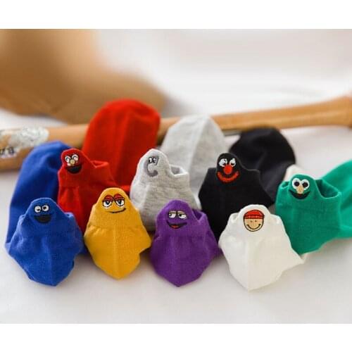 4 Pairs/Pack Kawaii Embroidered Expression Women Socks Happy Fashion Ankle Funny Socks Women Girls Cotton Summer Candy Color