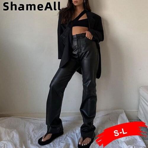 Black Faux PU Leather Straight Pant for Women High Waist Wide Leg Cargo Trousers Casual Vintage Streetwear Loose Leisure Outfits