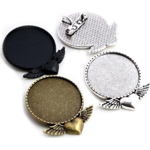 5pcs 30mm Inner Size Antique Bronze Antique Silver Plated Black Heart Wing Brooch Style Cabochon Base Setting Charms Pendant