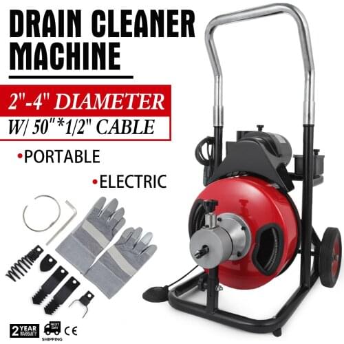 Free shipping Pipe Cleaner Cleaning Machine 50FT*1/2' Electric Drain Cleaning Machine 4 Cutter & Foot Switch 2" to 4" Pipe