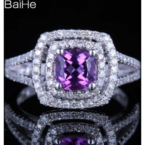 BAIHE Solid 14K White Gold 0.89CT Cushion Flawless Genuine Amethyst Wedding Women Trendy Fine Jewelry Amethyst Ring