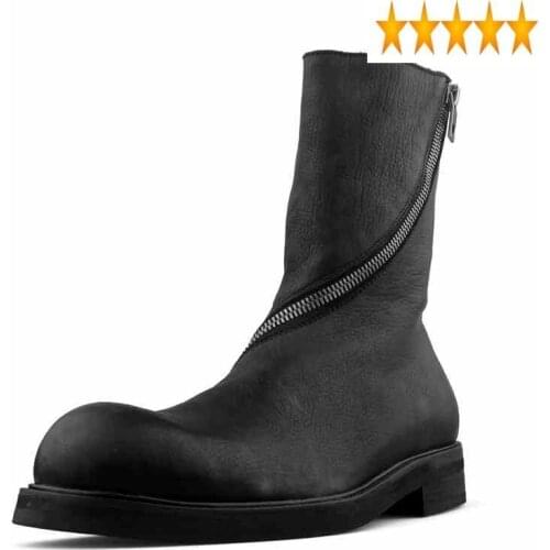Style Men Japan Vintage Boots Round Toe Genuine Leather Mid-Calf Boot Punk Winter Handmade Black Military Booties Zapatos Hombre