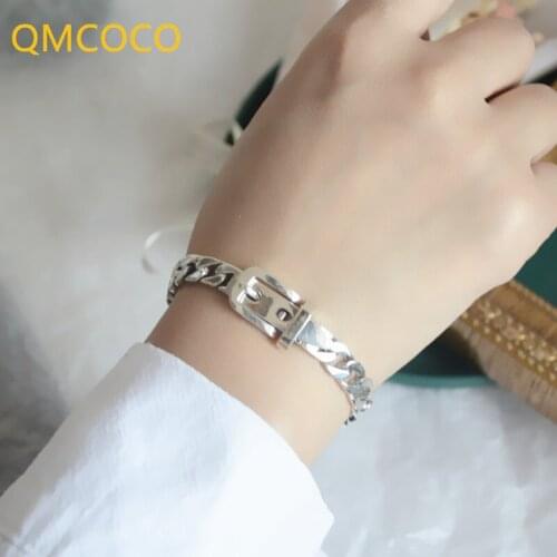 QMCOCO 925 Silver Bracelets Trendy Vintage For Couples Simple Punk Belt Buckle Design Thick Chain Rock Party Jewelry Accessories