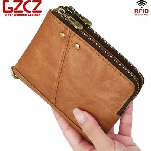 GZCZ brand rfid slim wallet brown purse mens genuine leather small wallets money bag for credit cards key organizer hot sale