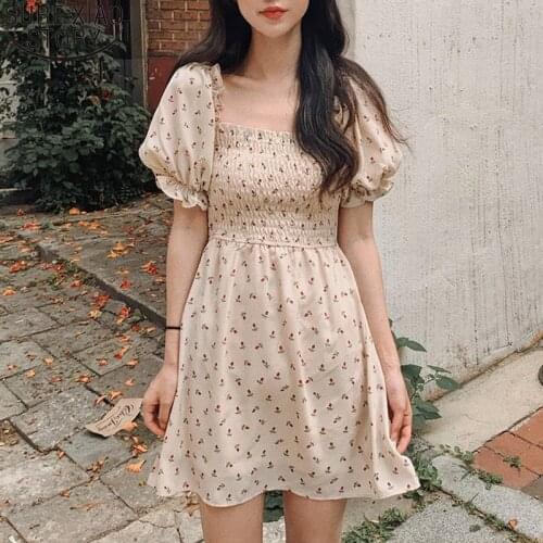 Boho Black Mini Dress Sweet Square Chiffon Floral Dress Elegant Square Collar A Line Vestido 2021 Korean Retro Harajuku 14386