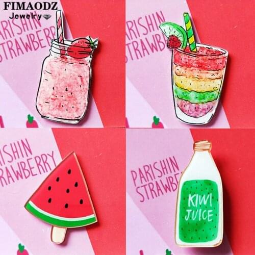 FIMAODZ Cartoon Ice Cream Brooch Drink Bottle Strawberry Fruit Juice Acrylic Pin Badge Kids Girl Birthday Gift Summer Jewelry