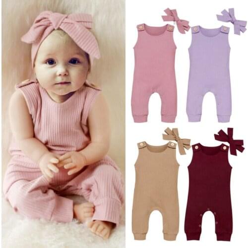 2021 Summer Newborn Baby Girl Boy Clothes Solid Cotton Knitted Romper Jumpsuit Headband Outfit 2Pcs Sleeveless Baby Rompers