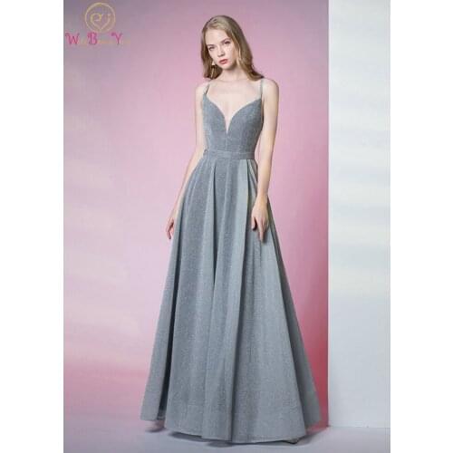 Gray Long Bling Evening Dresses Sparkle Spaghetti Strap A Line Floor Length Lace Up Back Prom Gown Formal Party Graduation Women