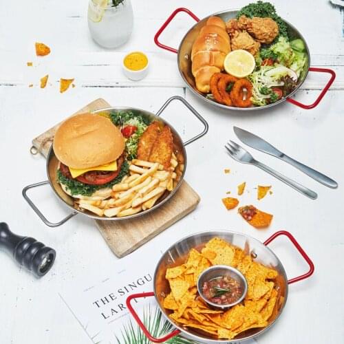 Fryer Frying Pan Thickened Tray Pan Stainless Steel Kitchen Utensil Spain Double Handle Spaghetti Plate Western Dinner Tool 1pcs