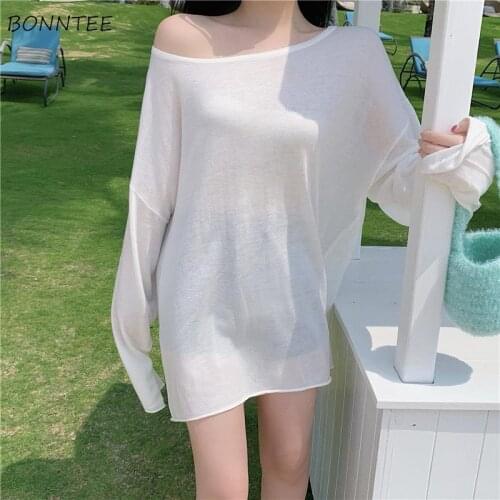 T-shirts Women Sun-proof Long Sleeve Fashion Breathable See Through Summer Leisure Loose Ulzzang All-match Solid Thin Female Top