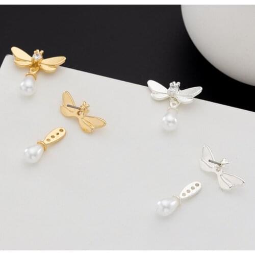 Fashion Custom Pearl Dragonfly with CZ stones Stud earrings Jewelry