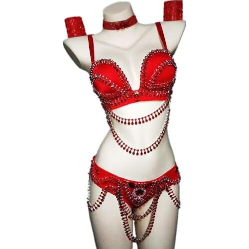 Red Sexy Bikini Three-Piece Suit Shining Embellished Beaded Costume Womens Party Clothing Personality Performance Costume