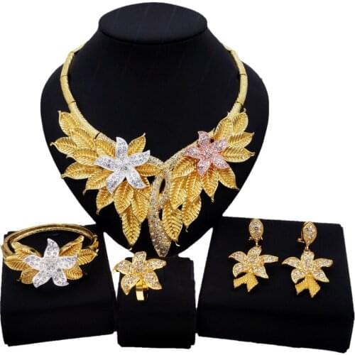Yulaili Fashion Crystal Flower Necklace Earrings Bracelet Ring Jewelry Sets For Women Nigerian Wedding Dubai Bridal Jewelery Set